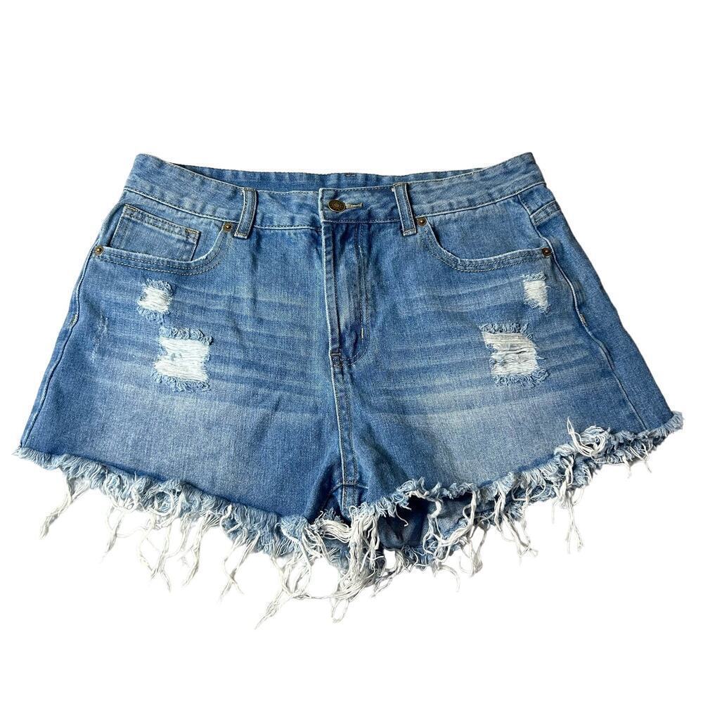 Jeans Shorts Womens L Blue‎ Medium Wash Distressed Cut-Off Denim Shorts
